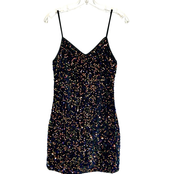 Black Knit Mini Dress Covered in Orange & Blue Sequins (Brand Unknown) - Medium - Picture 1 of 7